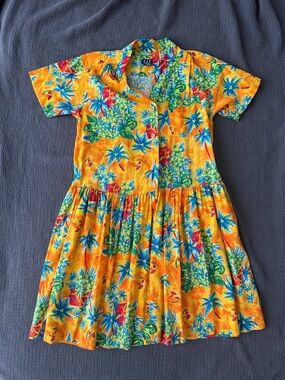 Vintage Gap Tropical Print Button Shirt Dress L Yellow Beach Resort Vacation 90s